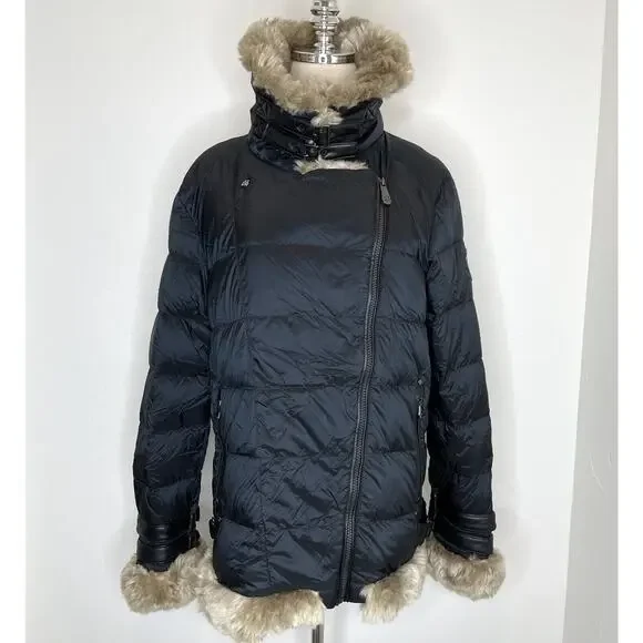 Alp N Rock Duck Down Puffer Coat Faux Fur Womens Large Black Long Buckles Jacket - Picture 1 of 13
